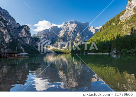 Lake Braies and Mountain Peak of Croda del Becco - Trentino Italy 81759660