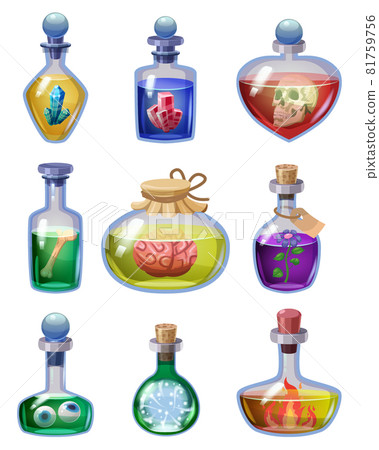 Set of bottles magic potion. Game icons liquid elixir colorful with scull, crystal, bone, blood, frog, flower, mushroom, stone. Vector game asset app UI 81759756