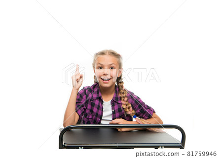 Creating idea. Happy small girl keeping finger raised  81759946