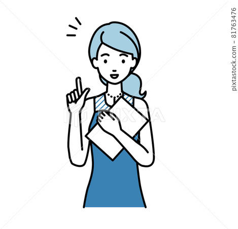 A woman in a dress standing up and holding a document in her hand 81763476