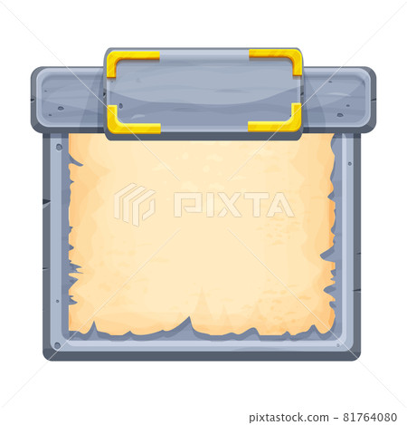 Frame with stone and parchment in cartoon style isolated on white background. Ancient empty decoration. Ui game asset, menu design. Medieval signboard, blank. Frame with stone and parchment in cartoon style isolated on white background. Ancient empty decoration. Ui game asset, menu design. Medieval signboard, blank. 81764080