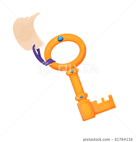 Golden key with gem stones and ribbon, ancient castle tool in cartoon style isolated on white background. Fairy comic ui game asset. Bright mystery object.  81764116