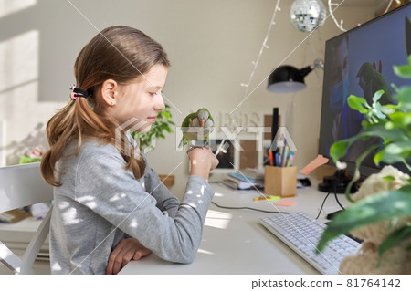 Girl and pet green parrot together at home, child watches video on computer Girl and pet green parrot together at home, child watches video on computer 81764142