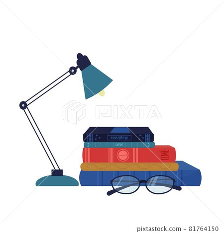 Composition stack of books, table lamp, reading glasses. Stylish, colorful. Hobby, education concept isolated on white background. Composition stack of books, table lamp, reading glasses. Stylish, colorful. Hobby, education concept isolated on white background. 81764150