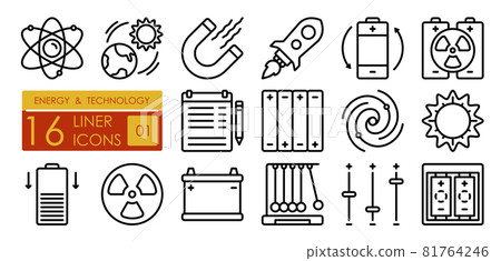 Technologies for production and use of energy in industry and science. Atom, magnet, sun, accumulator, battery, regulator, accumulation. Set of simple linear icons Technologies for production and use of energy in industry and science. Atom, magnet, sun, accumulator, battery, regulator, accumulation. Set of simple linear icons 81764246