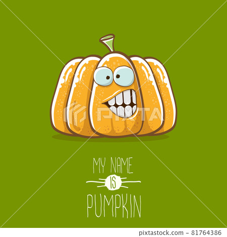 vector funny cartoon cute orange smiling pumkin isolated on green background. My name is pumkin vector concept illustration. vegetable funky halloween or thanksgiving day character vector funny cartoon cute orange smiling pumkin isolated on green background. My name is pumkin vector concept illustration. vegetable funky halloween or thanksgiving day character 81764386