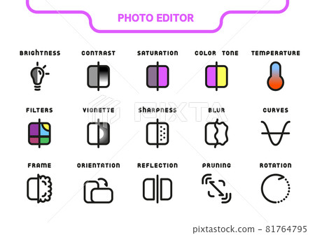 Vector icon line and fill set. Photo editor collection: brightness, contrast, saturation, hue, temperature, filters, vignette, sharpness, blur, curves, frame, orientation, reflection, crop, rotation Vector icon line and fill set. Photo editor collection: brightness, contrast, saturation, hue, temperature, filters, vignette, sharpness, blur, curves, frame, orientation, reflection, crop, rotation 81764795