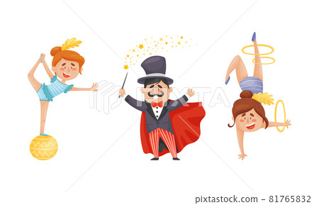 Man Magician in Top Hat and Woman Gymnast as Circus Artist Character Performing on Stage or Arena Vector Set 81765832