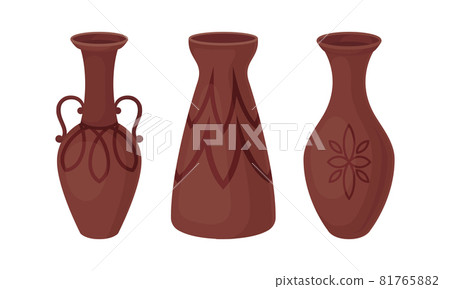 Clay Kitchenware and Ceramic Vessel with Tall Vase with Narrow Neck Vector Set Clay Kitchenware and Ceramic Vessel with Tall Vase with Narrow Neck Vector Set 81765882