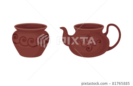 Clay Kitchenware and Ceramic Vessel with Pot and Tea Kettle Vector Set 81765885