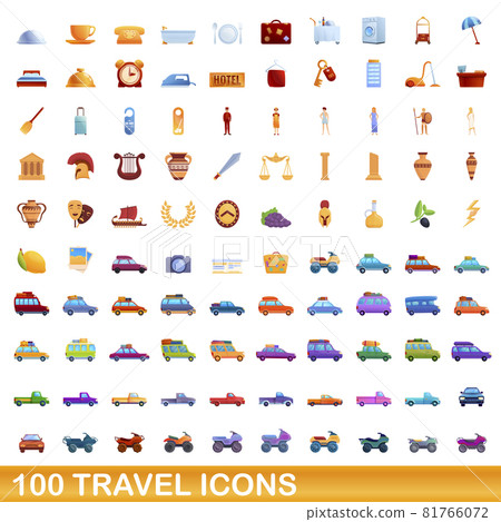 100 travel icons set, cartoon style 100 travel icons set, cartoon style 81766072