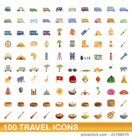 100 travel icons set, cartoon style 100 travel icons set, cartoon style 81766074