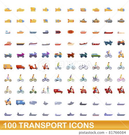 100 transport icons set, cartoon style 81766084