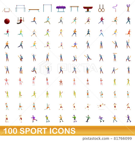 100 sport icons set, cartoon style 81766099