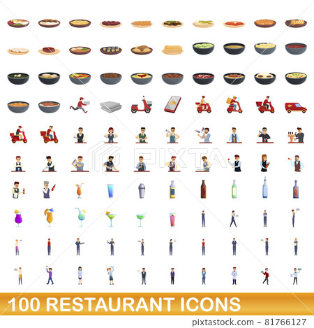 100 restaurant icons set, cartoon style 81766127