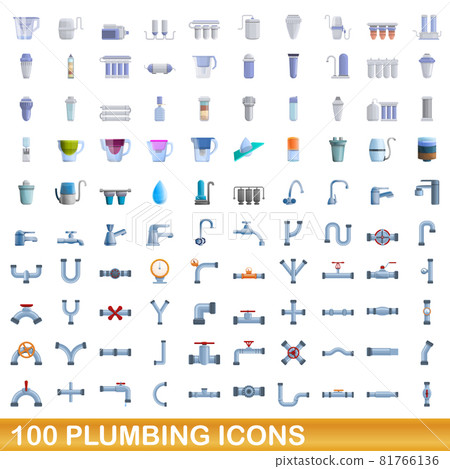 100 plumbing icons set, cartoon style 81766136