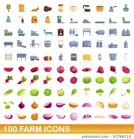 100 farm icons set, cartoon style 81766218