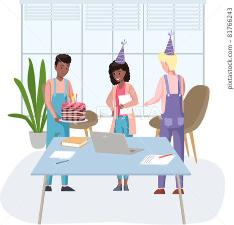 Birthday party, fun entertainment in office. Workers organize holiday, congratulate colleague Birthday party, fun entertainment in office. Workers organize holiday, congratulate colleague 81766243