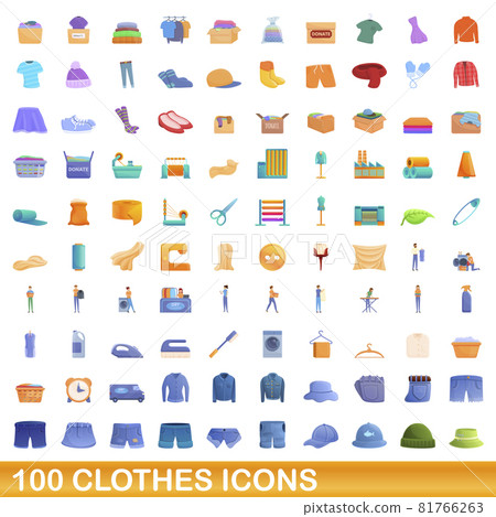 100 clothes icons set, cartoon style 81766263