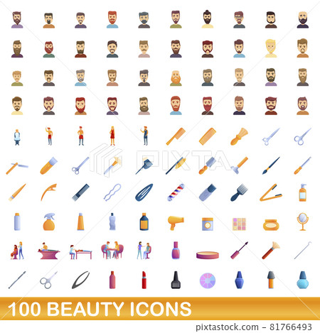 100 beauty icons set, cartoon style 81766493