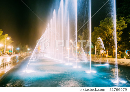 Batumi, Adjara, Georgia. Singing And Dancing Fountains Is Local Landmark At Boulevard Fountains. Night Illuminations Batumi, Adjara, Georgia. Singing And Dancing Fountains Is Local Landmark At Boulevard Fountains. Night Illuminations 81766979