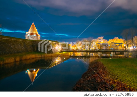 Kuressaare, Saaremaa Island, Estonia. Episcopal Castle In Evening Blue Hour Night. Traditional Medieval Architecture, Famous Attraction Landmark. Old Tower 81766996
