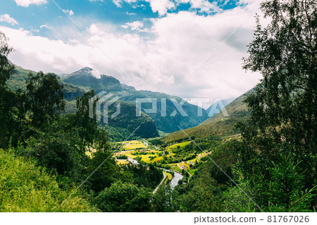 Fortun, Sogn Og Fjordane County, Norway. Beautiful Valley In Norwegian Rural Landscape. Jostedola River In Summer Day Fortun, Sogn Og Fjordane County, Norway. Beautiful Valley In Norwegian Rural Landscape. Jostedola River In Summer Day 81767026