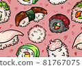 Doodle hand drawn sushi, nigiri, gunkan, onigiri, seafood collection. Colored vector seamless pattern. Pink background. Japan, Korean, asian food. Rice, fish, caviar. 81767075