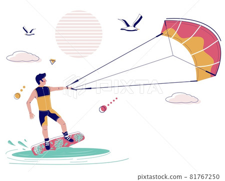 Kiteboarder on kiteboard pulled across water by kite, vector illustration. Kiteboarding, kitesurfing extreme water sport Kiteboarder on kiteboard pulled across water by kite, vector illustration. Kiteboarding, kitesurfing extreme water sport 81767250
