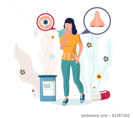 Woman suffering from sneezing, runny nose, red itchy watery eyes, vector illustration. Seasonal pollen allergy symptoms. 81767262