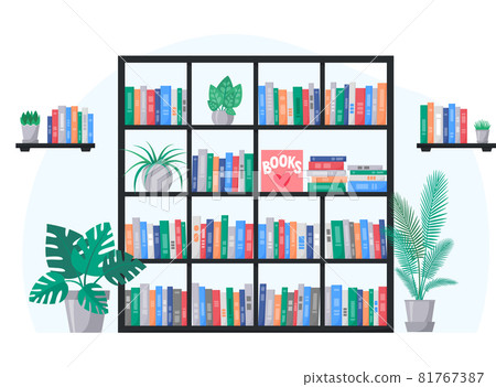 Bookcase and book shelves with collection of colorful books. Interior with home plants. Vector 81767387