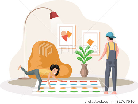 Father and daughter playing twister game. Man and woman happy family in everyday life at home Father and daughter playing twister game. Man and woman happy family in everyday life at home 81767616
