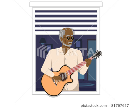 Fashionable elderly man plays musical instrument to audience, sings with guitar near an open window Fashionable elderly man plays musical instrument to audience, sings with guitar near an open window 81767657