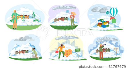 Melting glaciers due to global warming, scenes set with people near melting ice, ecological concept 81767679