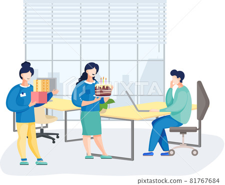 Birthday party, fun entertainment in office. Workers organize holiday, congratulate colleague Birthday party, fun entertainment in office. Workers organize holiday, congratulate colleague 81767684