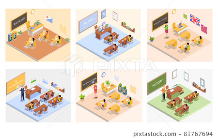 School education isometric with teacher and pupil at lesson. Learning process in classroom 81767694