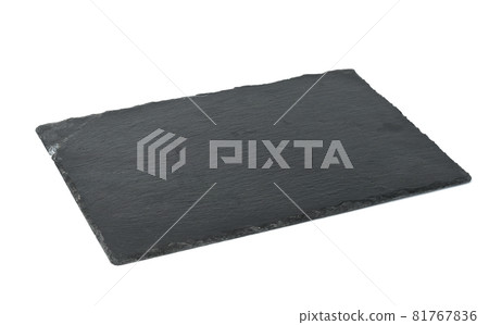 rectangular black slate stone board isolated on white background, utensils for serving food 81767836