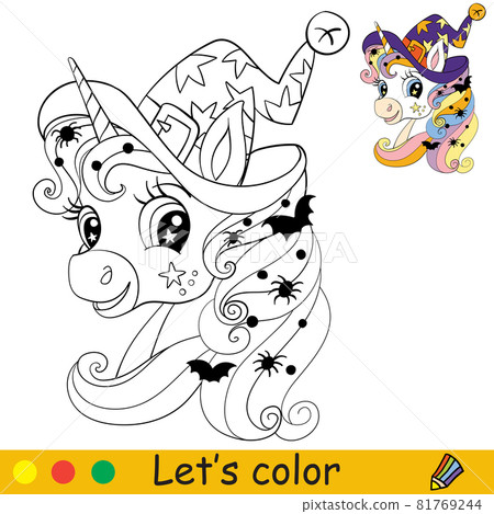 Cute unicorn head in witches hat coloring book Halloween Cute unicorn head in witches hat coloring book Halloween 81769244