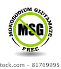 Vector stamp Monosodium Glutamate free, non MSG, no sodium additive in cosmetic, food, medical product. Round prohibited icon for packaging symbol 81769995