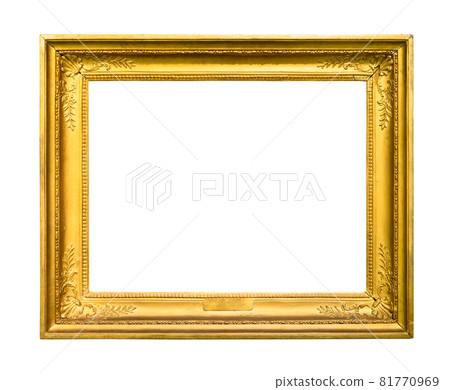 wide retro wood picture frame with nameplate and blank canvas cutout on white background 81770969