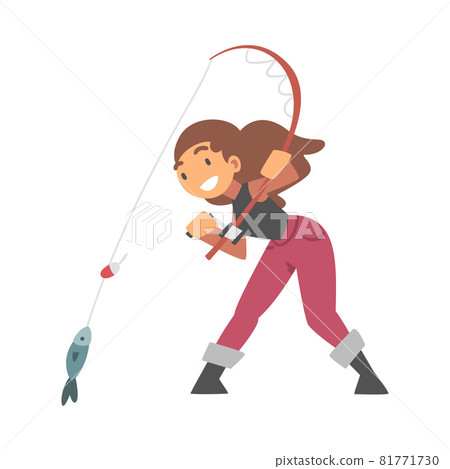 Young Woman Character in Fisherman Boots with Angling Rod Fishing Vector Illustration 81771730
