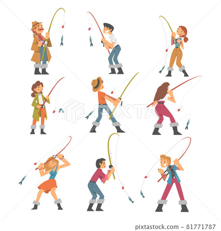 People Character in Fisherman Boots with Angling Rod Fishing Vector Illustration Set 81771787