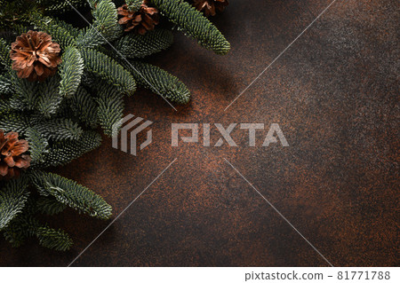 Christmas border with evergreen nobilis branches and cones. Christmas border with evergreen nobilis branches and cones. 81771788