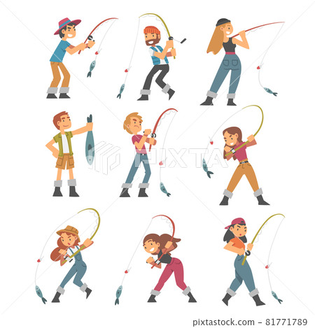 People Character in Fisherman Boots with Angling Rod Fishing Vector Illustration Set 81771789