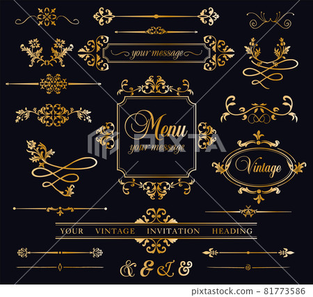 Wicker lines and old decor elements in vector. Vintage borders, frame and rosette in set. Wicker lines and old decor elements in vector. Vintage borders, frame and rosette in set. 81773586