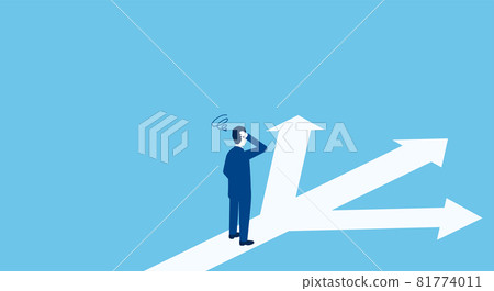 Three split white arrows, worried businessman, 3D illustration, copy space, vector illustration 81774011