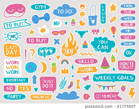 Cute planner stickers, diary or notebook trendy decor elements. Calendar reminders, quotes, daily or weekly planner doodle sticker vector set 81774807