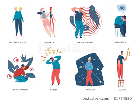 People living with mental disorders or illnesses and psychological problems. Men and women with depression, schizophrenia, anorexia vector set People living with mental disorders or illnesses and psychological problems. Men and women with depression, schizophrenia, anorexia vector set 81774820