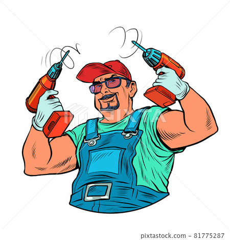 A male worker with a drill. Carpenter or builder, repair. Home power tools 81775287