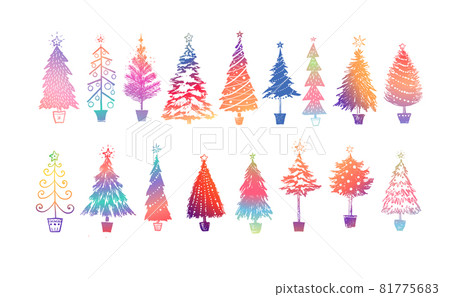 Set of doodle rainbow christmas trees on white background. 81775683